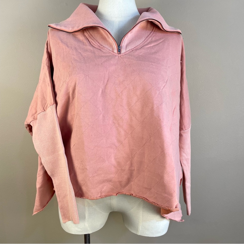 BiBi Oversized Quilted High Low Quarter Zip Long Sleeve Sweatshirt Medium Salmon